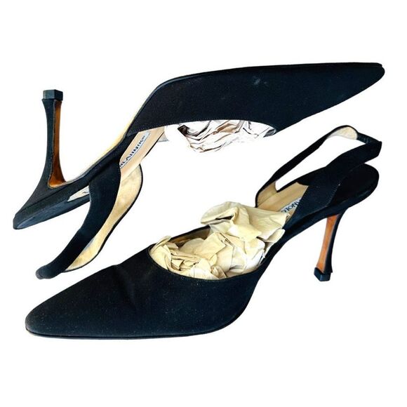 MANOLOL BLAHNIK Carolyne 70 Black Suede Slingback Pumps Heels Size 39.5 (US 9.5) - Picture 1 of 10